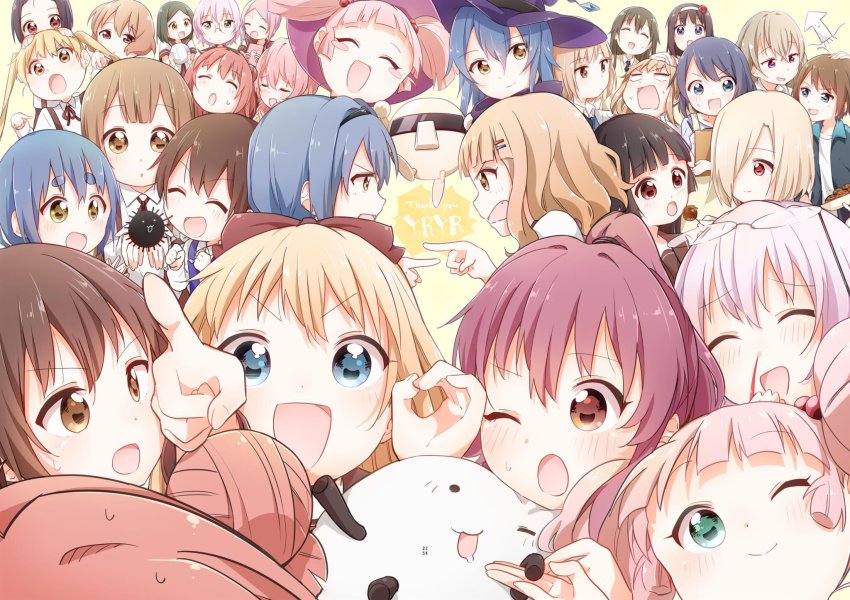 6+girls, akaza_akane, akaza_akari, azuma_shihoko, bafarin, ball, black_hair, blonde_hair, blood, blue_eyes, blue_hair, bow, brown_eyes, brown_hair, character_request, closed_eyes, closed_mouth, collarbone, double_bun, everyone, facing_another, flower, funami_mari, funami_yui, furutani_himawari, furutani_kaede, ganbo, glasses, green_hair, hair_bobbles, hair_bow, hair_bun, hair_ornament, hair_over_one_eye, hairband, hairclip, hat, highres, holding, holding_ball, ikeda_chitose, ikeda_chizuru, index_finger_raised, kitamiya_hatsumi, looking_at_another, looking_at_viewer, mari_(yuruyuri), matsumoto_rise, minamino_tsubasa, mirakurun, miwa_ai, multiple_girls, nishigaki_nana, nosebleed, ogawa_kokoro, ok_sign, one_eye_closed, oomuro_hanako, oomuro_nadeshiko, oomuro_sakurako, open_mouth, parallel_hairclips, pink_hair, pointing, pointing_at_another, ponytail, purple_eyes, purple_hair, red_bow, red_eyes, red_flower, red_rose, rivalun, rose, short_hair, short_twintails, siblings, sisters, sonokawa_megumi, souma_mirai, sugiura_ayano, takasaki_misaki, thick_eyebrows, toshinou_kyouko, twins, twintails, volleyball, volleyball_(object), white_hair, witch_hat, yaeno_miho, yoshikawa_chinatsu, yoshikawa_tomoko, yuruyuri