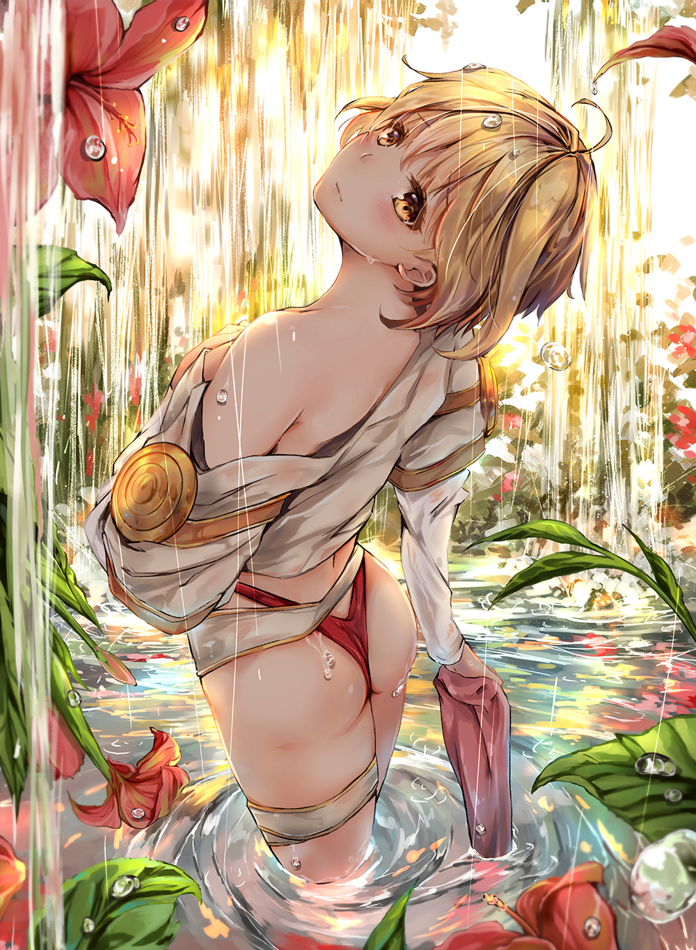 1girl, ahoge, ass, bare_shoulders, blonde_hair, blush, brown_eyes, dema_hmw