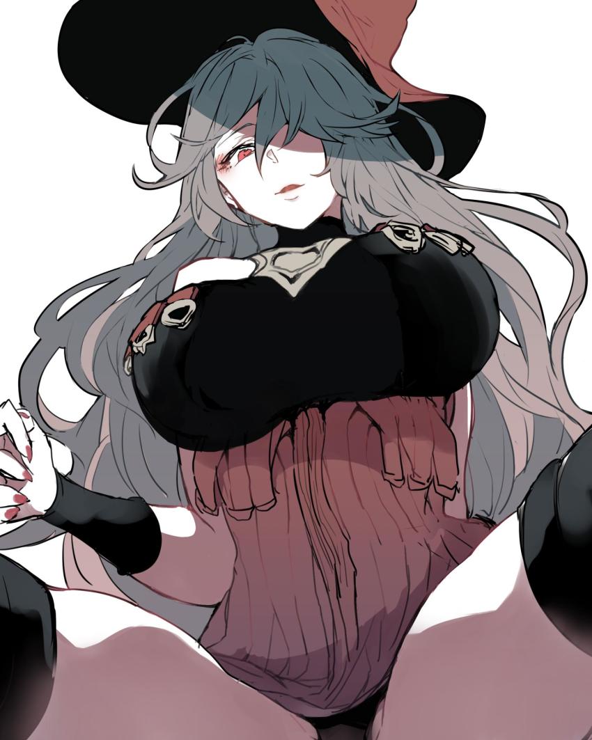 1girl, black_panties, black_thighhighs, breasts, detached_sleeves, female_focus, fingernails, granblue_fantasy, hair_between_eyes, hair_over_one_eye, hat, highres, large_breasts, long_hair, looking_at_viewer, looking_down, magisa_(granblue_fantasy), nail_polish, open_mouth, panties, pantyshot, red_eyes, red_nails, sayuco, silver_hair, simple_background, sitting, solo, thighhighs, underwear, white_background, witch_hat