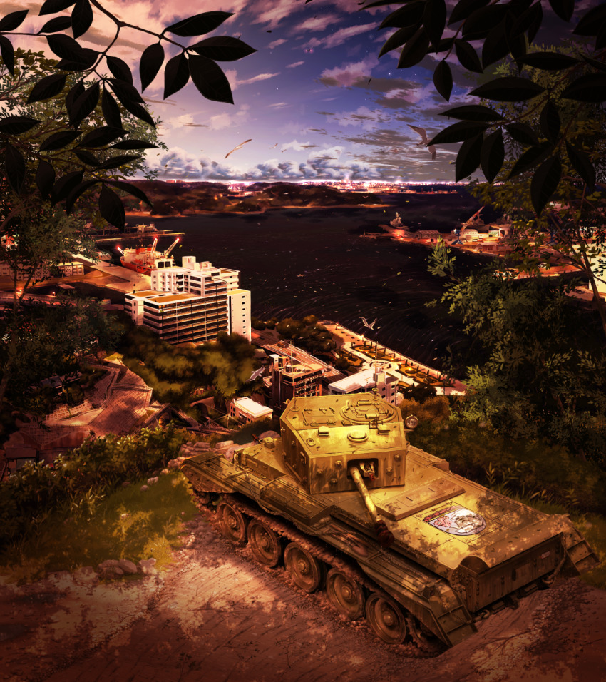 bird, blue_sky, blurry, branch, building, bush, cloud, cloudy_sky