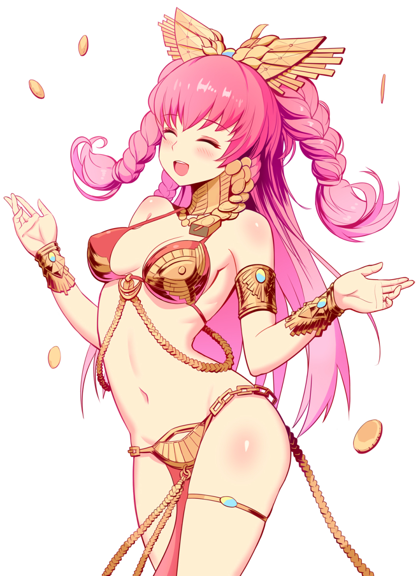 1girl, :d, ^_^, aaeru, armlet, bare_shoulders, bikini, bikini_top_only, blush, bracelet, braid, breasts, cleavage, closed_eyes, commentary_request, contrapposto, covered_erect_nipples, cowboy_shot, destiny_child, facing_viewer, female_focus, floating_hair, ganesha_(destiny_child), groin, hair_ornament, highres, jewelry, long_hair, medium_breasts, navel, open_mouth, pelvic_curtain, pink_hair, red_bikini, simple_background, smile, solo, standing, stomach, swimsuit, thighs, twin_braids, very_long_hair, white_background