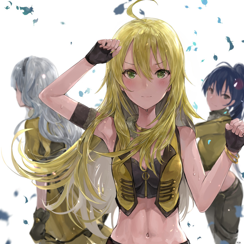3girls, ahoge, bare_arms, black_gloves, black_hair, blonde_hair, blush, breasts