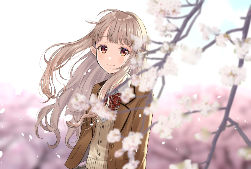 1girl, blush, brown_eyes, brown_hair, cherry_blossoms, closed_mouth, commentary_request, elf, elu_(7th_costume)_(nijisanji), elu_(nijisanji), female_focus, flower, highres, jacket, long_hair, looking_at_viewer, myusha, necktie, nijisanji, outdoors, pointy_ears, red_eyes, school_uniform, smile, solo, sweater_vest, upper_body, very_long_hair, virtual_youtuber