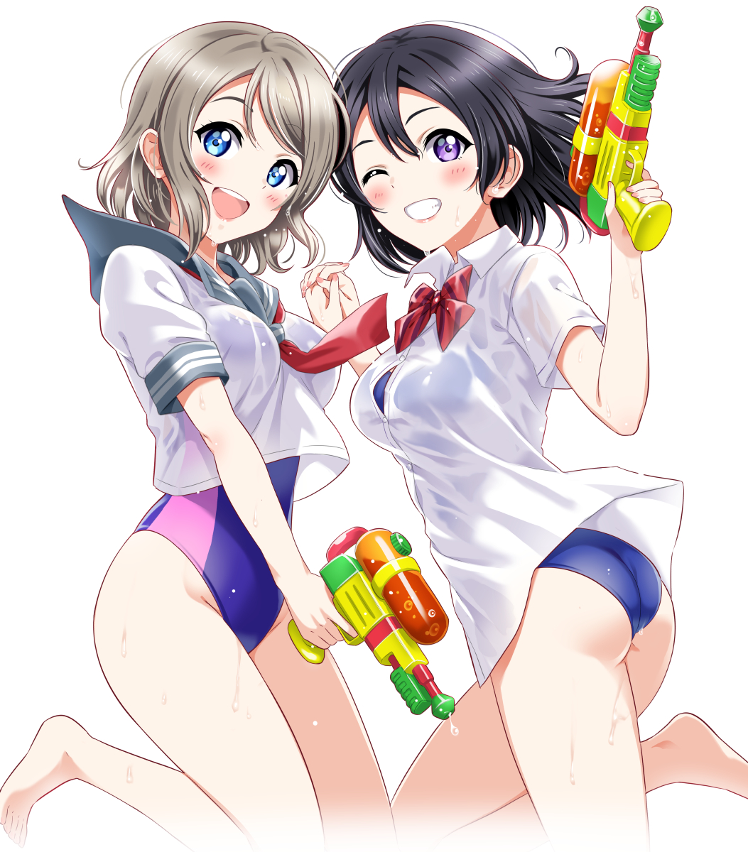 2girls, :d, ass, bare_legs, barefoot, black_hair, blouse, blue_eyes, blush, bow, bowtie, breasts, collared_shirt, commentary, competition_swimsuit, cousins, curvy, family, finger_on_trigger, from_side, grey_hair, hair_between_eyes, highres, holding_hands, looking_at_viewer, love_live!, love_live!_sunshine!!, medium_breasts, multiple_girls, neckerchief, no_pants, numazu_high_school_uniform, numazu_school_uniform, one-piece_swimsuit, one_eye_closed, open_mouth, purple_eyes, sailor_collar, sankuro_(agoitei), school_uniform, see-through_clothes, serafuku, shirt, short_hair, short_sleeves, sidelocks, simple_background, skindentation, smile, striped_bow, striped_bowtie, striped_clothes, swept_bangs, swimsuit, swimsuit_under_clothes, teeth, thighs, uranohoshi_school_uniform, watanabe_tsuki, watanabe_you, water_drop, water_gun, wet, wet_clothes, wet_hair, wet_shirt, white_background, white_shirt