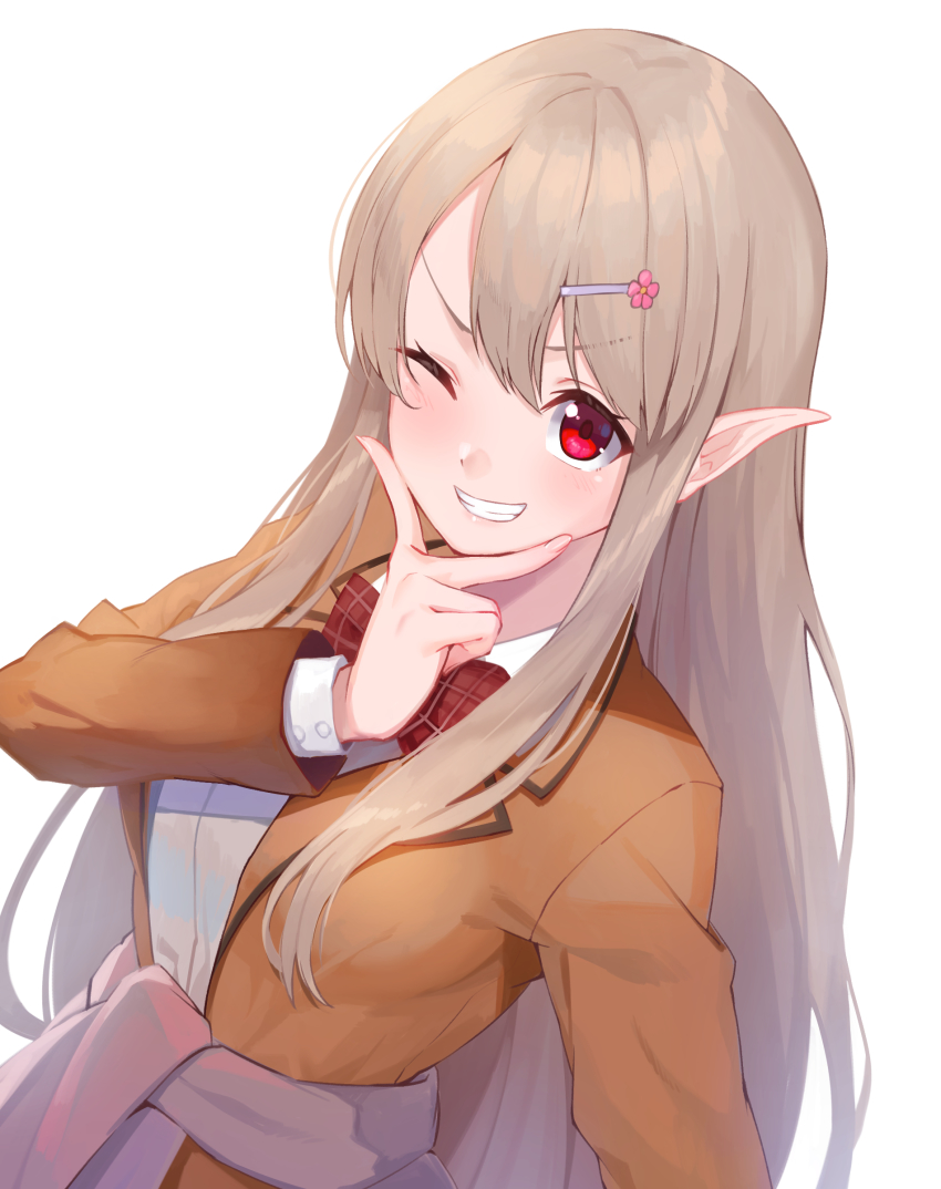 1girl, absurdres, blazer, blush, bow, bowtie, brown_hair, brown_jacket