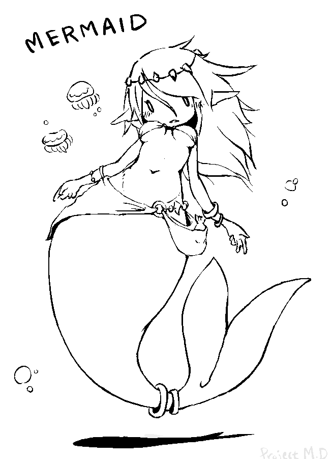 1girl, asimofu, blush, bracelet, breasts, english_text, female_focus, jellyfish, jewelry, long_hair, mermaid, midriff, monochrome, monster_girl, navel, original, pointy_ears, solo, underboob, underwater