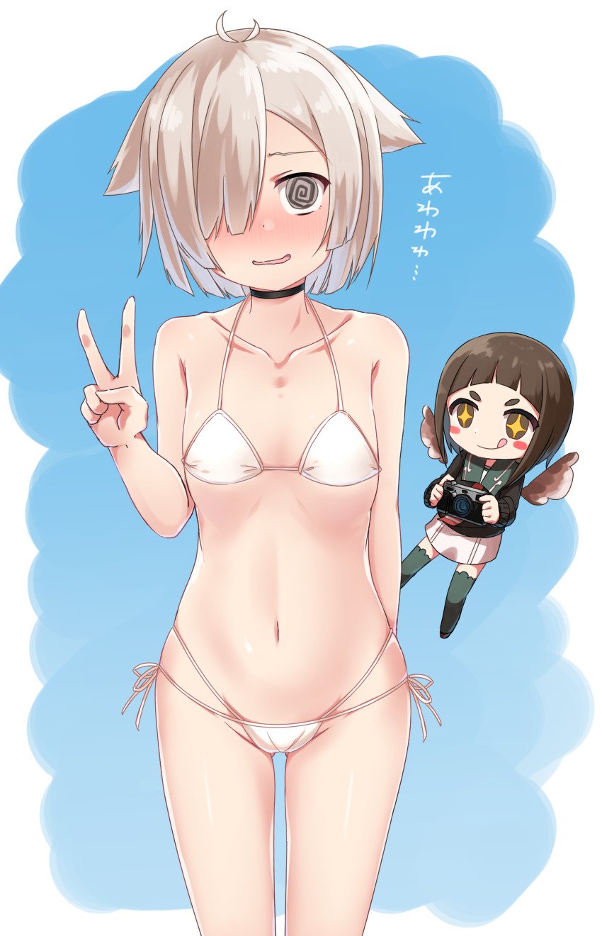 +_+, 2girls, :q, @_@, antenna_hair, bare_arms, bare_shoulders, bikini