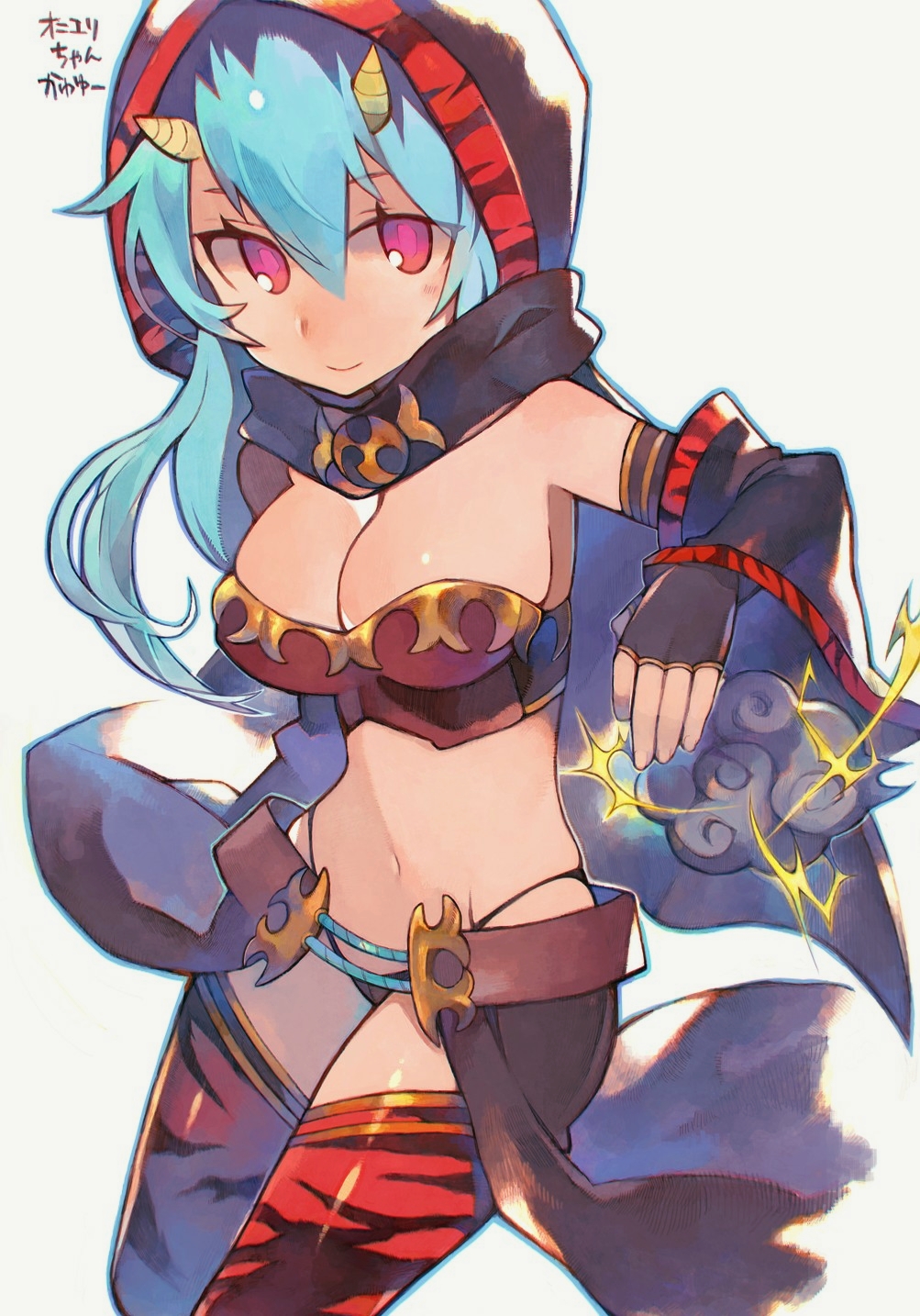 1girl, bad_id, bad_pixiv_id, blue_hair, breasts, character_name, cleavage, closed_mouth, cloud, cowboy_shot, electricity, female_focus, flower_knight_girl, guemi_(ba11f0rm3), hair_between_eyes, highres, hood, horns, large_breasts, long_hair, looking_at_viewer, navel, oni_horns, oniyuri_(flower_knight_girl), red_eyes, red_thighhighs, simple_background, smile, solo, thighhighs, white_background