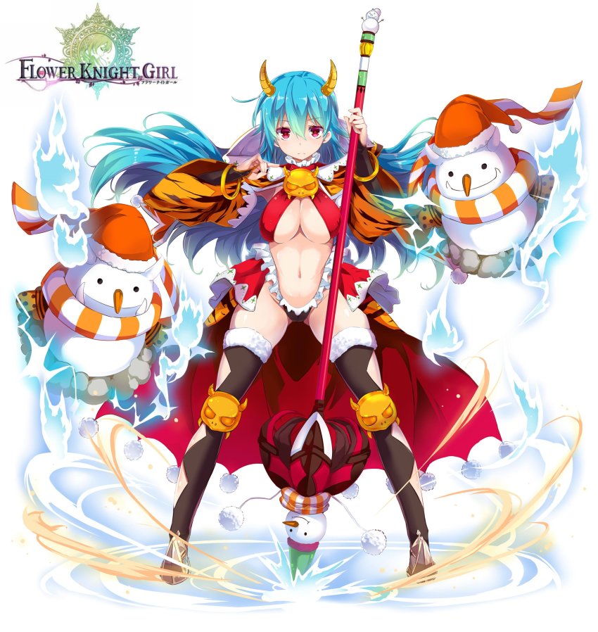 1girl, absurdres, animal_print, black_panties, black_thighhighs, bracelet, breasts, cleavage, closed_mouth, female_focus, flower_knight_girl, full_body, highres, holding, holding_staff, horns, jewelry, kurokawa_izumi, large_breasts, legs_apart, looking_at_viewer, navel, official_art, oni_horns, oniyuri_(flower_knight_girl), panties, red_eyes, serious, simple_background, solo, staff, standing, thighhighs, tiger_print, underwear, white_background