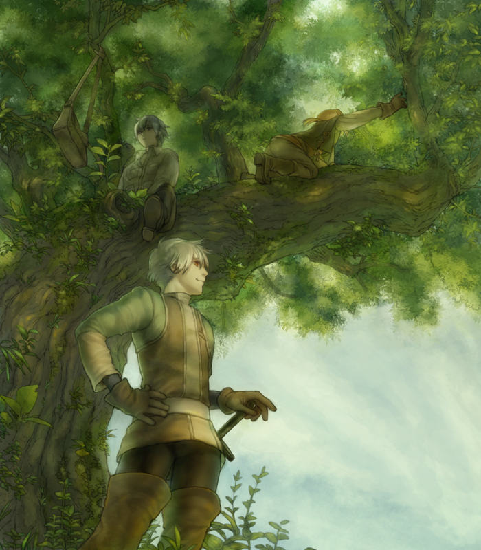 ass, boots, climbing, commentary_request, grass, maou_monogatari_monogatari, multiple_boys, rudolf_(maou_monogatari_monogatari), sword, tree, weapon, zhuzi