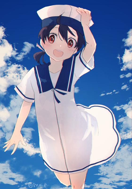 1girl, 8ne_(nitika127), black_hair, blue_sky, cloud, cowboy_shot, day, dress