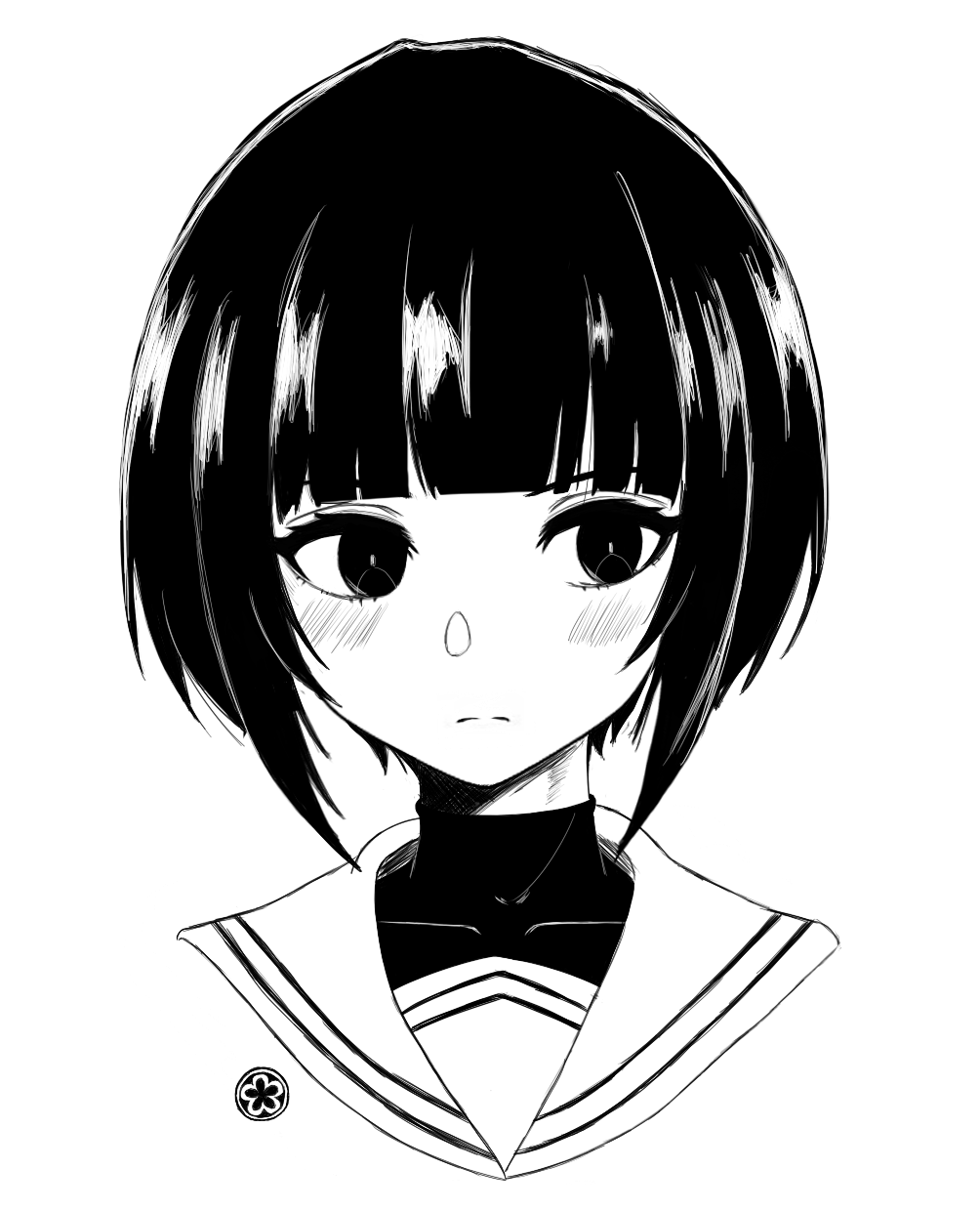 1girl, alzcats, bad_id, bad_pixiv_id, blunt_bangs, blush, bob_cut, commentary