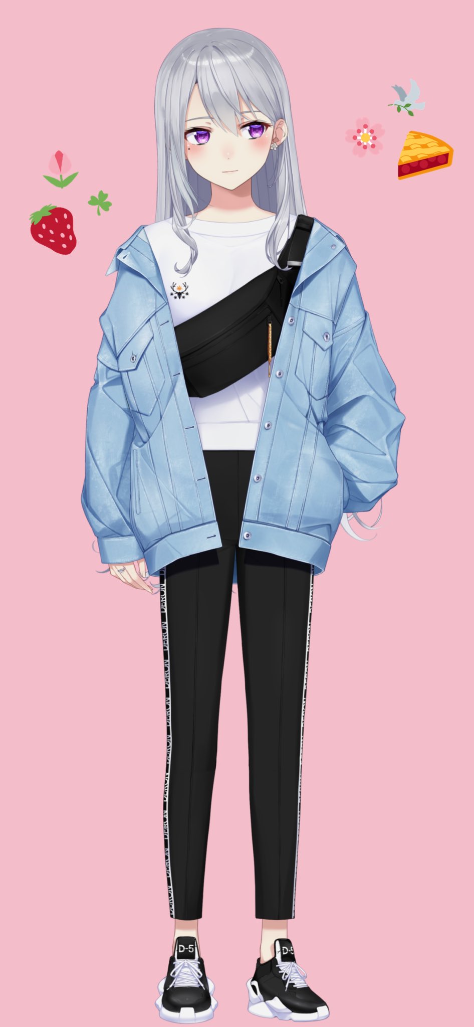 1girl, arm_at_side, artist_request, bag, bird, black_pants, black_shoes, blue_coat