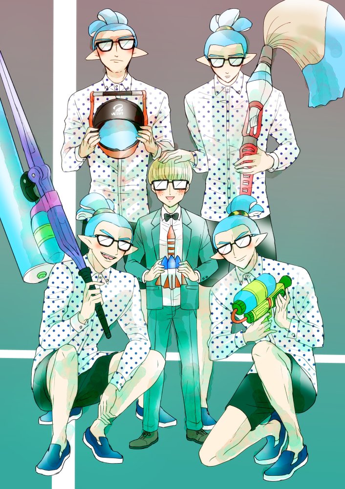 5boys, bike_shorts, blonde_hair, bowl_cut, glasses, inkbrush_(splatoon), inkling, inkling_boy
