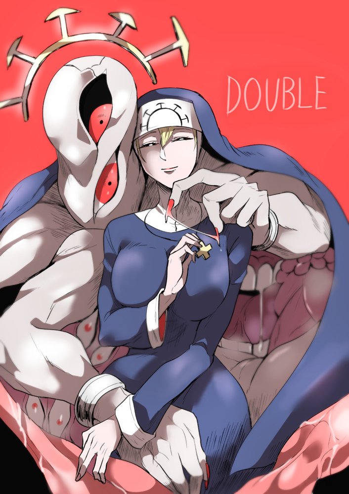 1girl, blonde_hair, breasts, character_name, double_(skullgirls), fingernails, habit, monster, nun, nun_headdress, parari_(parari000), red_background, red_eyes, sharp_fingernails, simple_background, skullgirls, tentacles, traditional_nun