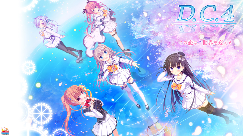 5girls, arm_up, black_footwear, black_hair, black_legwear, blue_eyes, blue_hair, blush