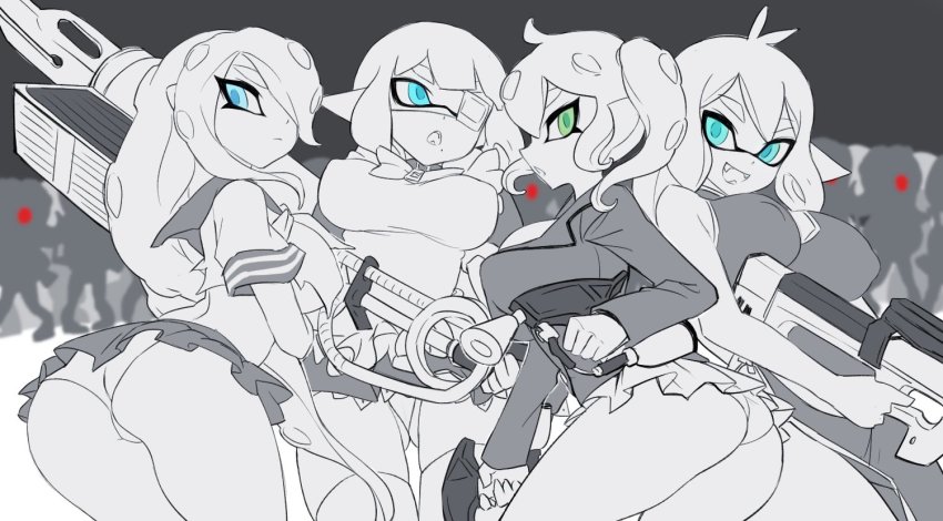 6+girls, :d, antenna_hair, apron, ass, bad_id, bad_twitter_id, bare_shoulders, blue_eyes, breasts, closed_mouth, copyright_request, dual_wielding, eyepatch, flingza_roller_(splatoon), goo_tuber_(splatoon), green_eyes, greyscale, hair_over_one_eye, hero_shot_(splatoon_2), holding, ikkitousen, inkling, inkling_player_character, jtveemo, kan'u_unchou, large_breasts, long_hair, long_sleeves, mask, medical_eyepatch, microskirt, mole, mole_under_mouth, monochrome, multiple_girls, nintendo, octoling, octoling_player_character, open_mouth, panties, pleated_skirt, pointy_ears, ryofu_housen, ryomou_shimei, short_hair, short_sleeves, skirt, smile, sonsaku_hakufu, splat_dualies_(splatoon), splatoon_(series), spot_color, suction_cups, takozonesu, thighhighs, torn_clothes, twintails, underwear