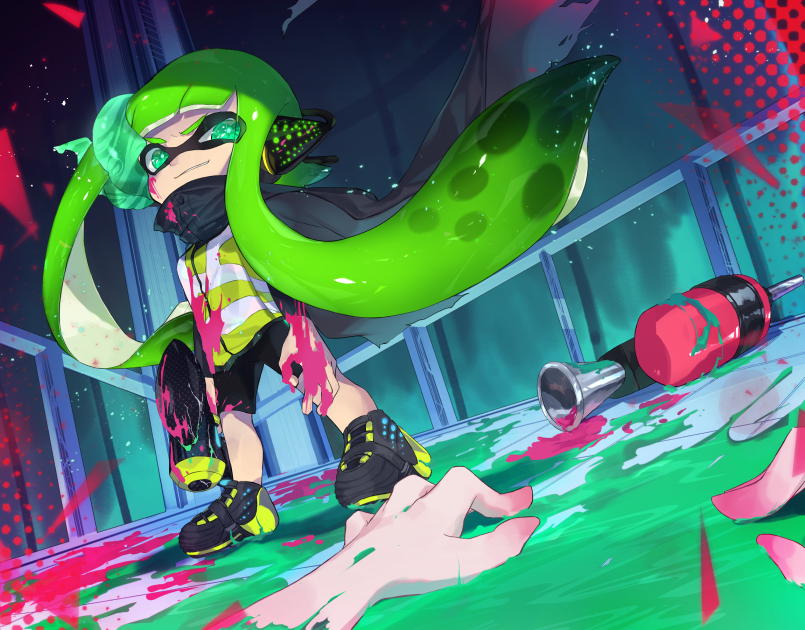 1girl, agent_3_(splatoon), amatya, black_footwear, black_shirt, black_shorts, blunt_bangs, commentary