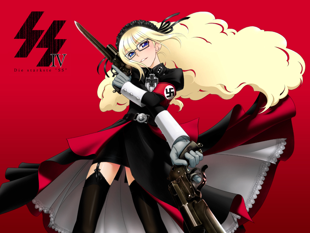 1girl, bayonet, black_thighhighs, blonde_hair, blue_eyes, cross, die_starke_ss, dress, dual_wielding, female_focus, garter_belt, glasses, gloves, gun, gunblade, handgun, hands_on_own_hips, head_tilt, holding, iron_cross, legs_apart, long_hair, nazi, ootsuka_mahiro, pistol, red_background, siegrunen, simple_background, smile, solo, ss_insignia, standing, swastika, thighhighs, weapon
