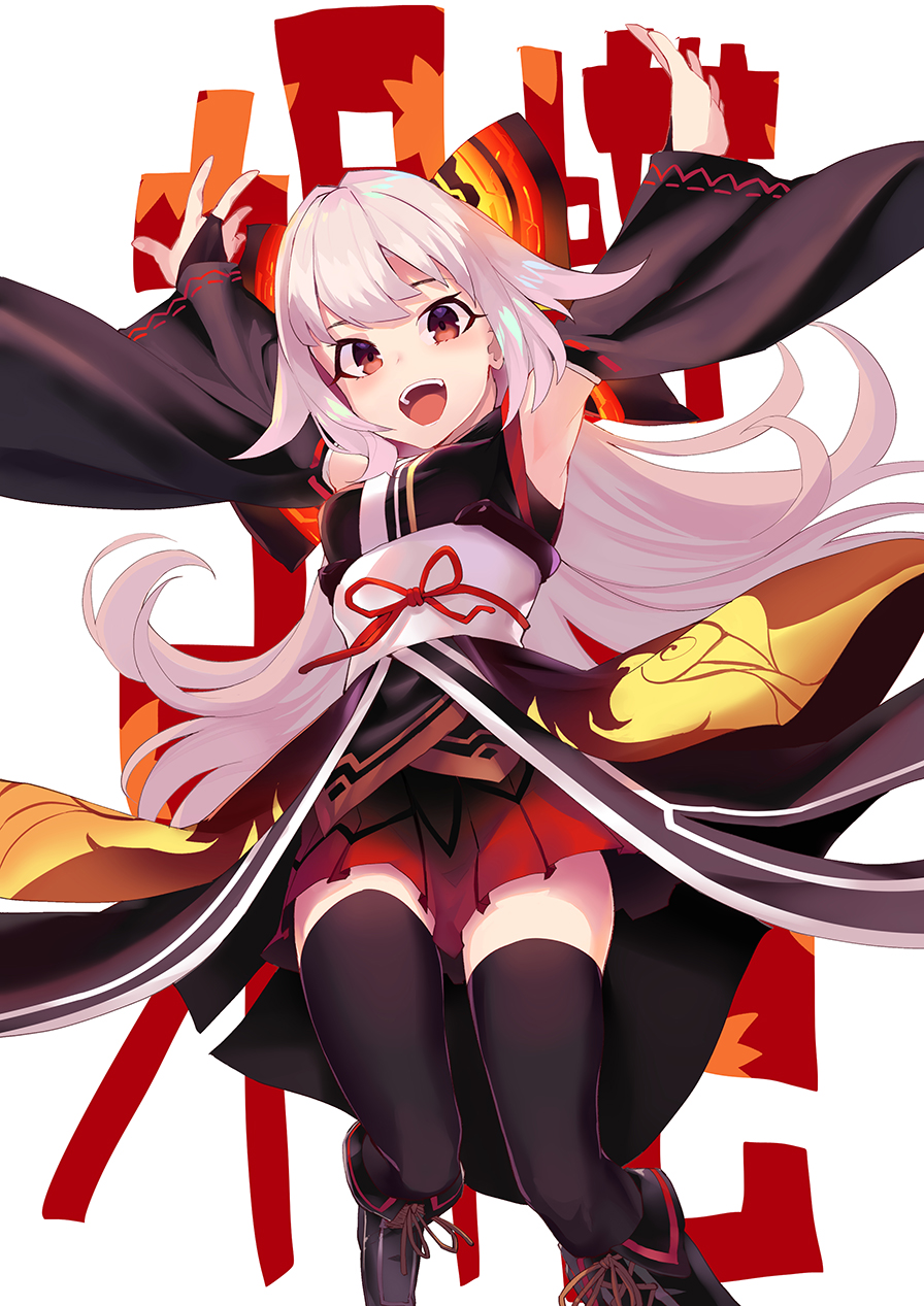 1girl, :d, armpits, arms_up, black_boots, black_kimono, black_sleeves, black_thighhighs, blush, boots, breasts, bridal_gauntlets, brown_eyes, commentary_request, detached_sleeves, eyebrows_hidden_by_hair, female_focus, highres, japanese_clothes, kimono, knee_boots, kochou_momiji, lace-up_boots, long_hair, long_sleeves, looking_at_viewer, medium_breasts, obi, open_beta_(vtuber), open_mouth, pleated_skirt, red_skirt, ribbon-trimmed_sleeves, ribbon_trim, sash, silver_hair, skirt, sleeveless, sleeveless_kimono, sleeves_past_wrists, smile, solo, soupchan, text_background, thighhighs, very_long_hair, virtual_youtuber, white_background, wide_sleeves