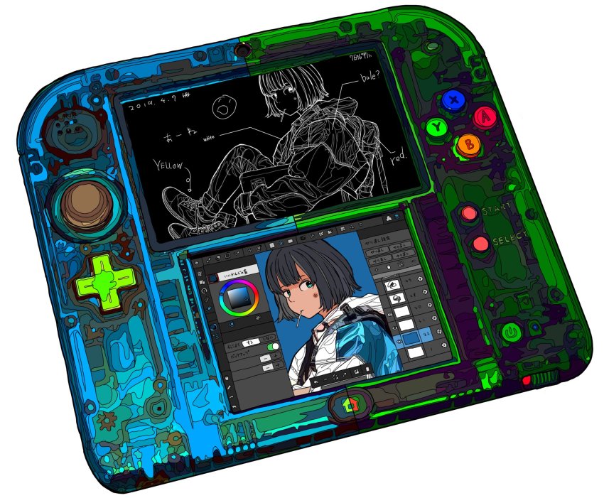 1girl, aqua_eyes, bad_id, bad_twitter_id, black_hair, blue_background, blush, buttons