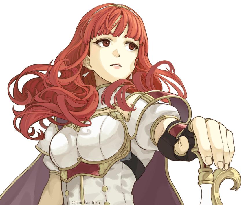 1girl, armor, breastplate, cape, celica_(fire_emblem), earrings, female_focus, fingerless_gloves, fire_emblem, fire_emblem_echoes:_shadows_of_valentia, gloves, hairband, highres, jewelry, long_hair, nenekantoku, nintendo, parted_lips, red_armor, red_eyes, red_hair, short_sleeves, simple_background, solo, twitter_username, upper_body, white_armor, white_background