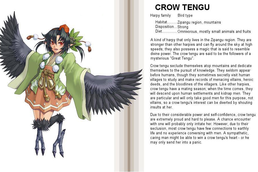 1girl, black_hair, black_theme, blush, character_profile, crow_tengu, english_text, feathered_wings, feathers, female_focus, hard-translated, harpy, hat, karasu_tengu_(monster_girl_encyclopedia), kenkou_cross, monster_girl, monster_girl_encyclopedia, official_art, pointy_ears, red_eyes, skirt, solo, tengu, third-party_edit, tokin_hat, translated, winged_arms, wings