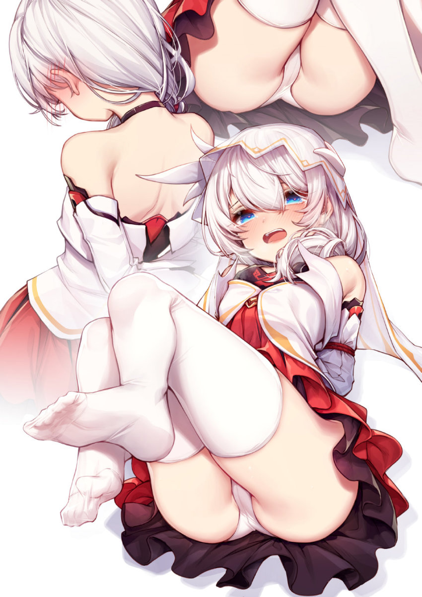 1girl, arms_behind_back, ass, bad_id, bad_pixiv_id, bare_shoulders, blue_eyes, blush, bound, breath, choker, de_da_xianyu, detached_sleeves, dress, ear_blush, embarrassed, feet, flat_chest, hair_between_eyes, hair_over_shoulder, heart, heart-shaped_pupils, highres, honkai_(series), honkai_impact_3rd, medium_hair, multiple_views, nape, no_shoes, open_mouth, panties, short_dress, simple_background, symbol-shaped_pupils, teardrop, teeth, theresa_apocalypse, theresa_apocalypse_(celestial_hymn), thighhighs, tied_up, toes, underwear, upper_teeth_only, veil, white_background, white_hair, white_panties, white_thighhighs