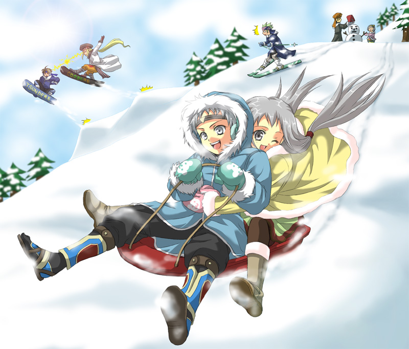 2girls, 5boys, bad_id, bad_pixiv_id, celica_yuki, gensou_suikoden, gensou_suikoden_tierkreis, hero_(suikoden_tierkreis), jale_(suikoden), liu, liu-shen, manaril_(suikoden), marica_(suikoden), marica_(suikoden_tierkreis), mubal_(suikoden), multiple_boys, multiple_girls, roberto_(suikoden), skis, sled, snow, snowboard