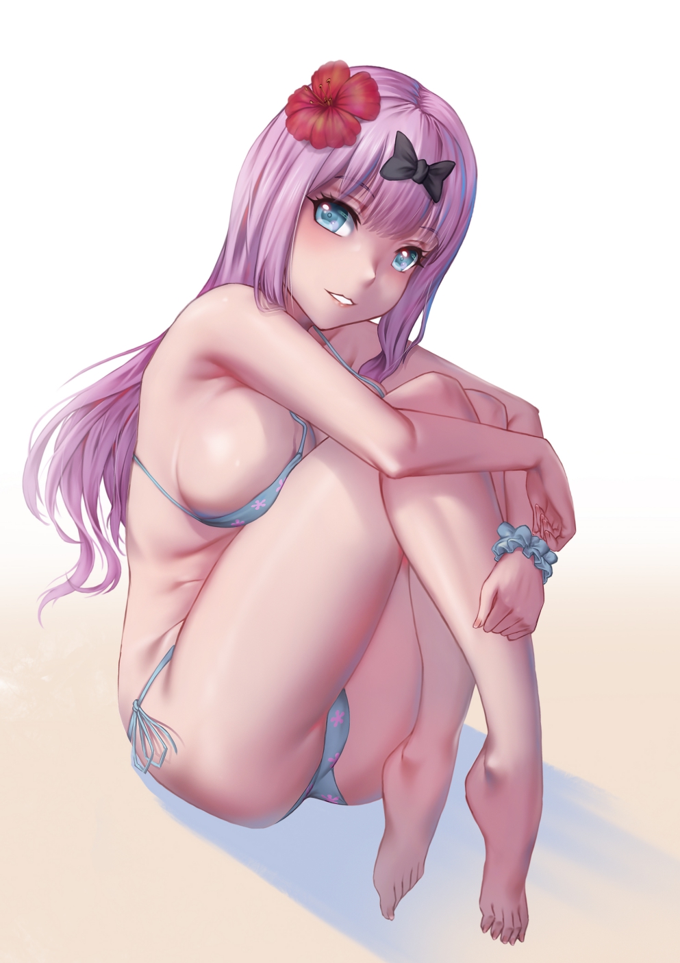 1girl, ass, bare_shoulders, barefoot, bikini, black_ribbon, blue_background, blue_bikini, blue_eyes, breasts, eyelashes, fat_rolls, feet, fingernails, floral_print, flower, frills, fujiwara_chika, hair_flower, hair_ornament, hair_ribbon, head_tilt, hibiscus, highres, hugging_own_legs, kaguya-sama_wa_kokurasetai_~tensai-tachi_no_renai_zunousen~, knees_to_chest, large_breasts, lipgloss, long_hair, looking_at_viewer, makeup, pink_hair, proudsoul, ribbon, scrunchie, side-tie_bikini_bottom, sideboob, simple_background, sitting, smile, strap_gap, swimsuit, teeth, thighs, tiptoes, two-tone_background, white_background, wrist_scrunchie