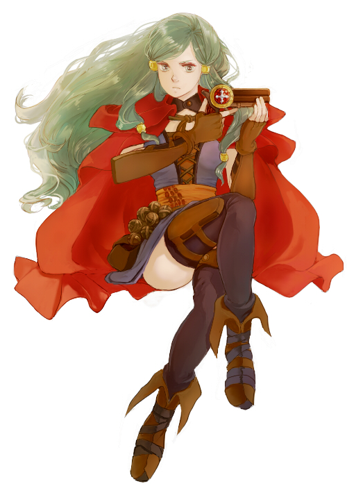 1girl, bad_id, bad_pixiv_id, crossed_legs, female_focus, gensou_suikoden, gensou_suikoden_tierkreis, green_hair, gun, handgun, long_hair, maru-pan, marupan, minen_(suikoden), pistol, simple_background, solo, thighhighs, weapon