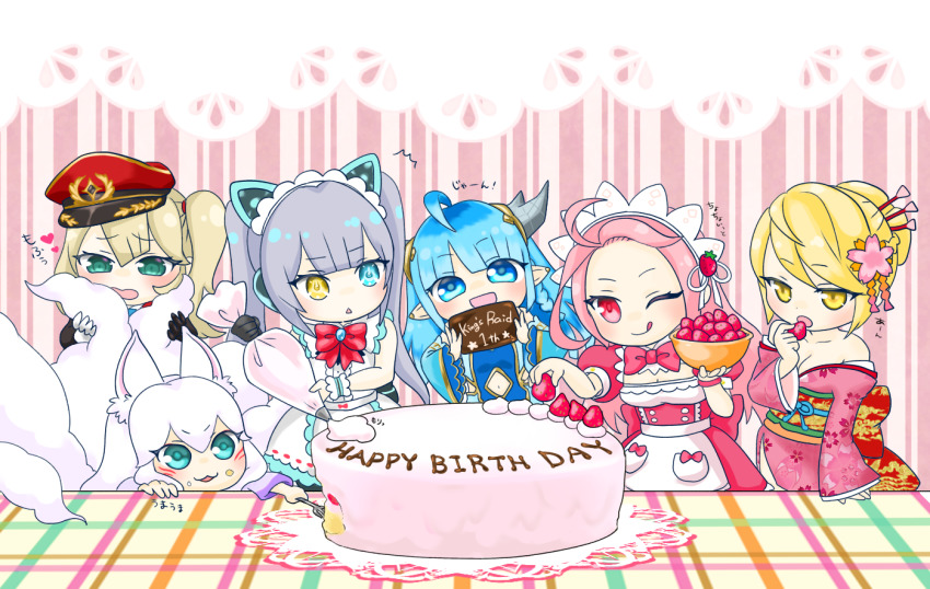6+girls, ahoge, aisha_(king's_raid), alternate_costume, animal_ears, aqua_eyes, artist_request, bare_shoulders