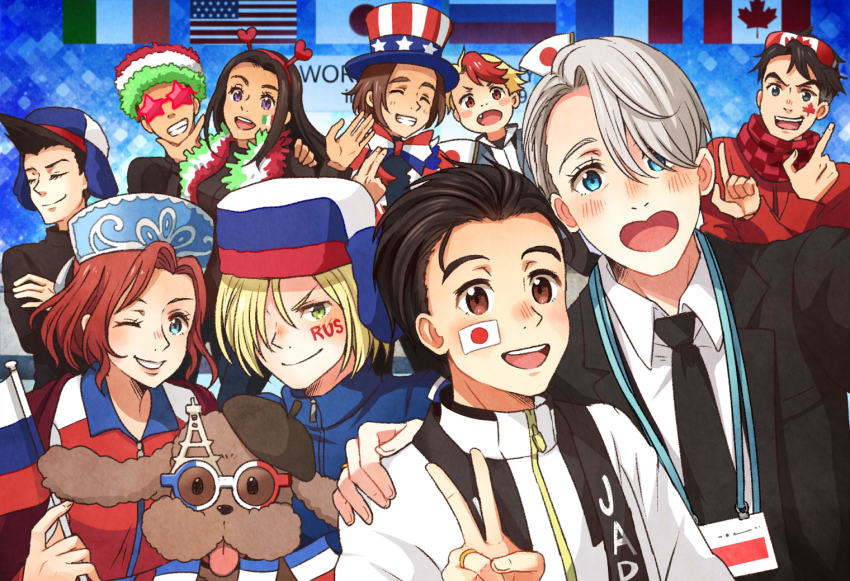 2girls, 6+boys, :d, ^_^, american_flag, beret, black_hair, blazer