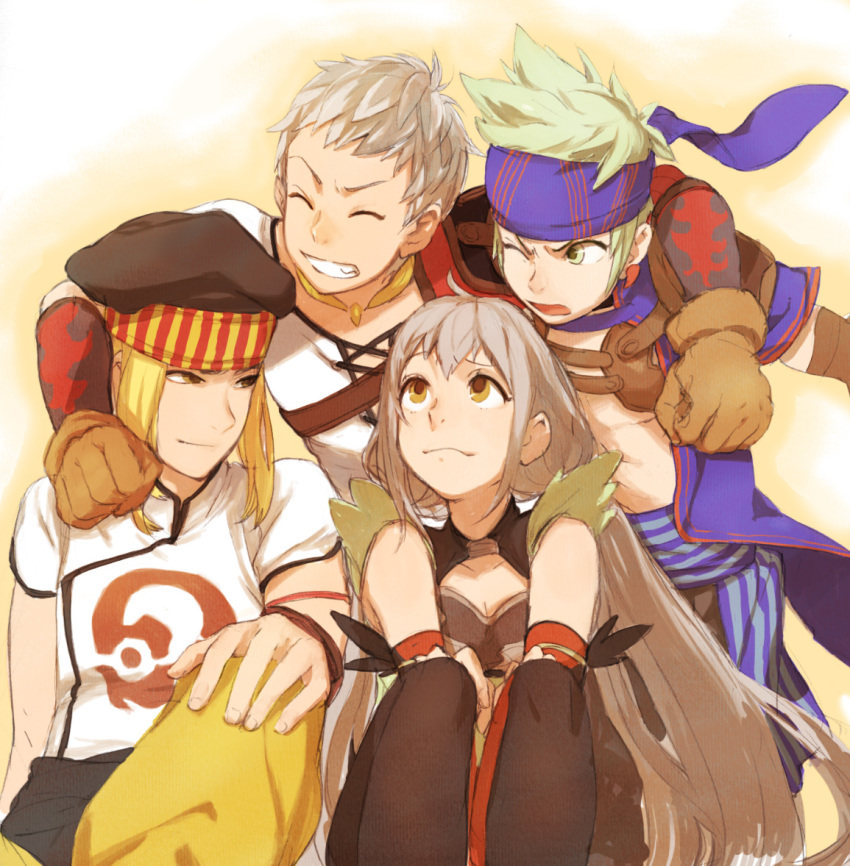 1girl, 3boys, blonde_hair, gensou_suikoden, gensou_suikoden_tierkreis, green_hair, grey_hair, headband