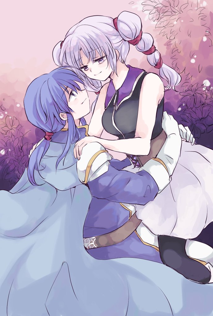 1boy, 1girl, blue_hair, cape, fire_emblem, fire_emblem:_genealogy_of_the_holy_war, gloves, holding