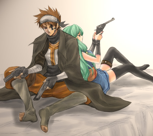 1boy, 1girl, bad_id, bad_pixiv_id, bed, buchse_(suikoden), celica_yuki, gensou_suikoden, gensou_suikoden_tierkreis, green_hair, gun, handgun, minen_(suikoden), pistol, revolver, thighhighs, weapon