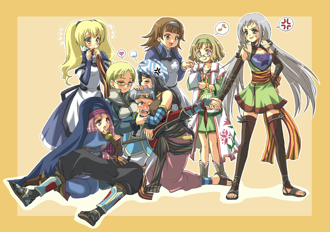 1boy, 6+girls, anya_(suikoden), bad_id, bad_pixiv_id, black_hair, blonde_hair, brown_hair, celica_yuki, diadora_(suikoden), erin_(suikoden), gensou_suikoden, gensou_suikoden_tierkreis, glasses, grey_hair, harem, hero_(suikoden_tierkreis), marica_(suikoden), marica_(suikoden_tierkreis), maybelle_(suikoden), moana, multiple_girls, pink_hair, sisuca_(suikoden), thighhighs