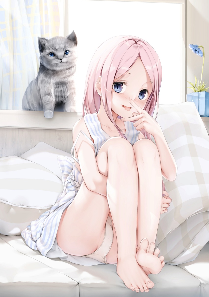 1girl, :p, an-telin, baby_animal, barefoot, blue_eyes, blush, cat, collarbone, copyright_request, couch, curtains, dorsiflexion, dress, feet, female_focus, flower, highres, indoors, kitten, legs, long_hair, looking_at_viewer, panties, pantyshot, pillow, pink_hair, sitting, soles, solo, striped_clothes, striped_dress, striped_pillow, toenails, toes, tongue, tongue_out, underwear, vertical-striped_clothes, vertical-striped_dress, white_panties
