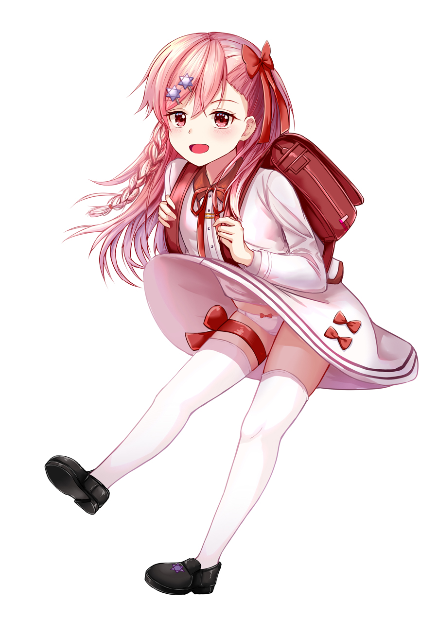 1girl, aged_down, backpack, bag, black_shoes, blush, bow, braid