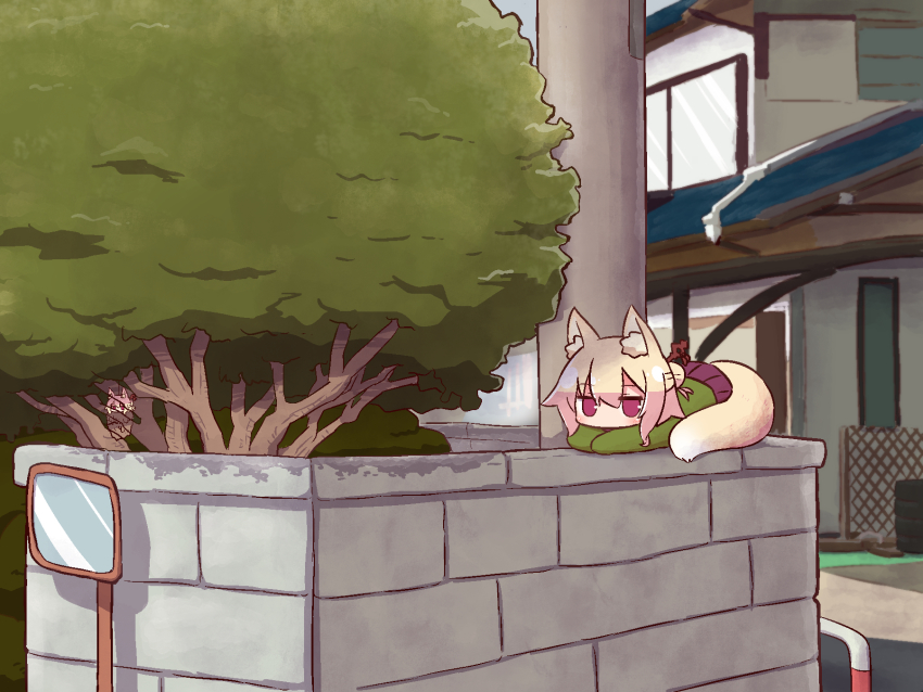 2girls, animal_ear_fluff, animal_ears, bagworm, blonde_hair, brick_wall, building, day