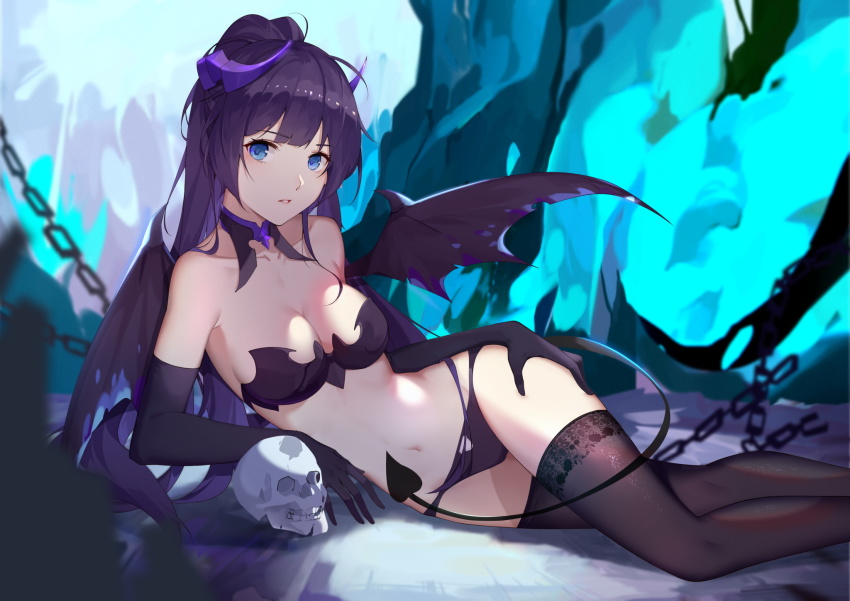 1girl, alternate_costume, bare_shoulders, black_gloves, black_thighhighs, blue_eyes, blunt_bangs, breasts