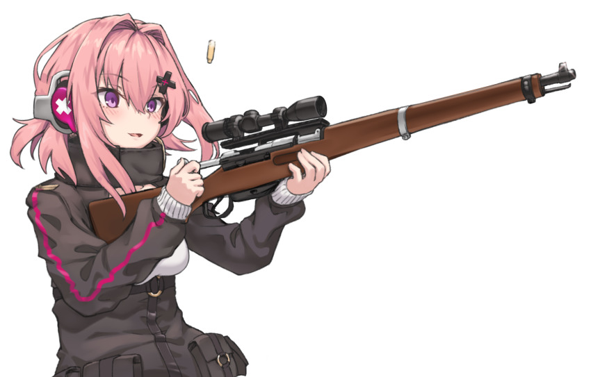 1girl, bolt_action, female_focus, girls'_frontline, gun, hair_between_eyes, hair_intakes, hair_ornament, hairclip, headphones, highres, holding, holding_gun, holding_weapon, ivan_wang, k31, k31_(girls'_frontline), long_sleeves, parted_lips, pink_hair, purple_eyes, rifle, sidelocks, simple_background, solo, tactical_clothes, upper_body, weapon, white_background