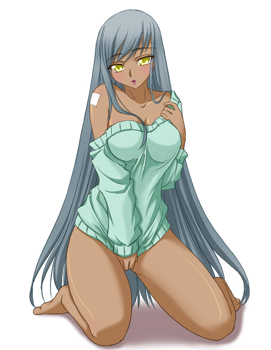 00s, 1girl, bandages, bare_shoulders, barefoot, blush, bottomless, breasts, clothes_tug, code_geass, dark-skinned_female, dark_skin, feet, female_focus, grey_hair, hirorin, long_hair, naked_sweater, nekono_matatabi, solo, sweater, sweater_tug, villetta_nu, yellow_eyes