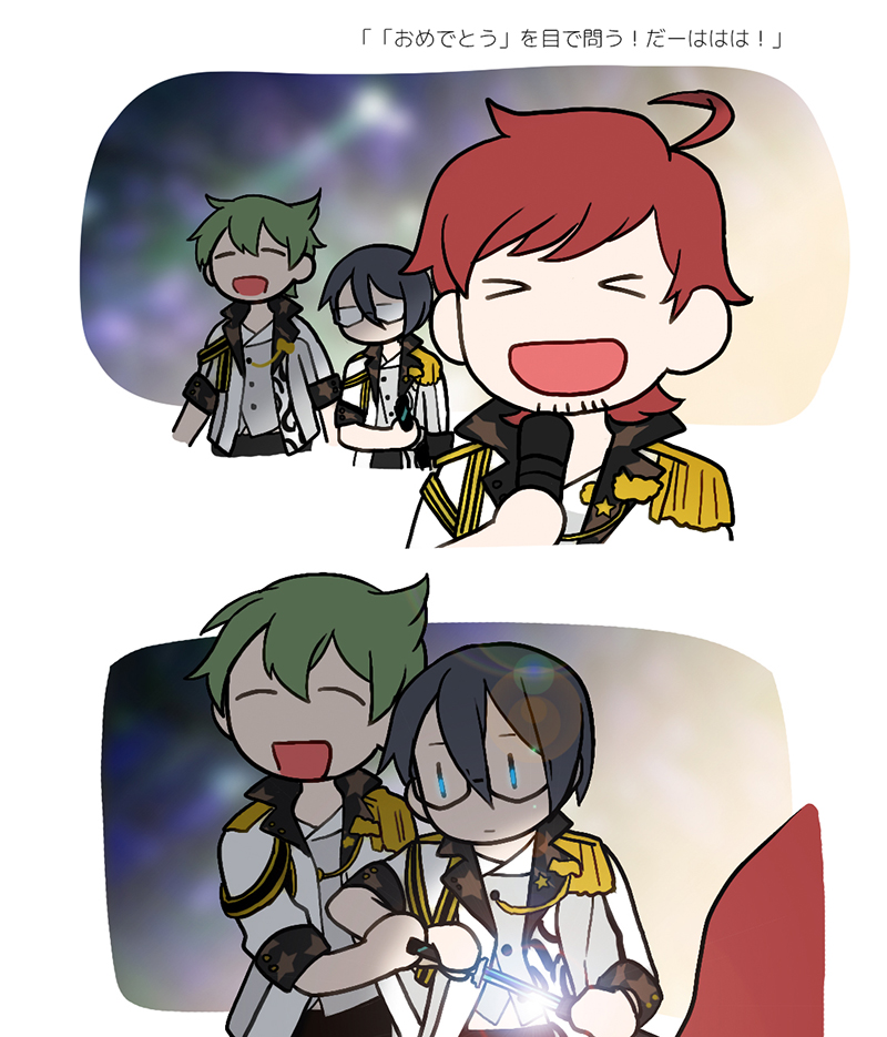 >_<, 3boys, agohimo, ahoge, bad_id, bad_pixiv_id, black_hair, blue_eyes