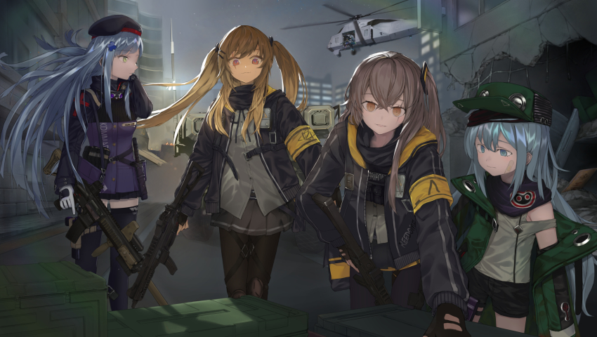 404_(girls'_frontline), 4girls, 6ml, aircraft, ammunition_box, assault_rifle, bad_id, bad_pixiv_id, bandaid, bandaid_on_face, black_headwear, black_jacket, black_ribbon, black_shorts, black_skirt, blouse, brown_eyes, brown_hair, commentary, fingerless_gloves, g11_(girls'_frontline), girls'_frontline, gloves, green_eyes, green_jacket, grey_hair, gun, h&amp;k_hk416, hair_between_eyes, hair_ornament, helicopter, highres, hk416_(girls'_frontline), holding, holding_gun, holding_weapon, jacket, knee_pads, multiple_girls, open_clothes, open_jacket, outdoors, pantyhose, ribbon, rifle, scar, scar_across_eye, scar_on_face, scenery, shirt, shorts, skirt, submachine_gun, ump45_(girls'_frontline), ump9_(girls'_frontline), weapon, white_gloves, white_shirt