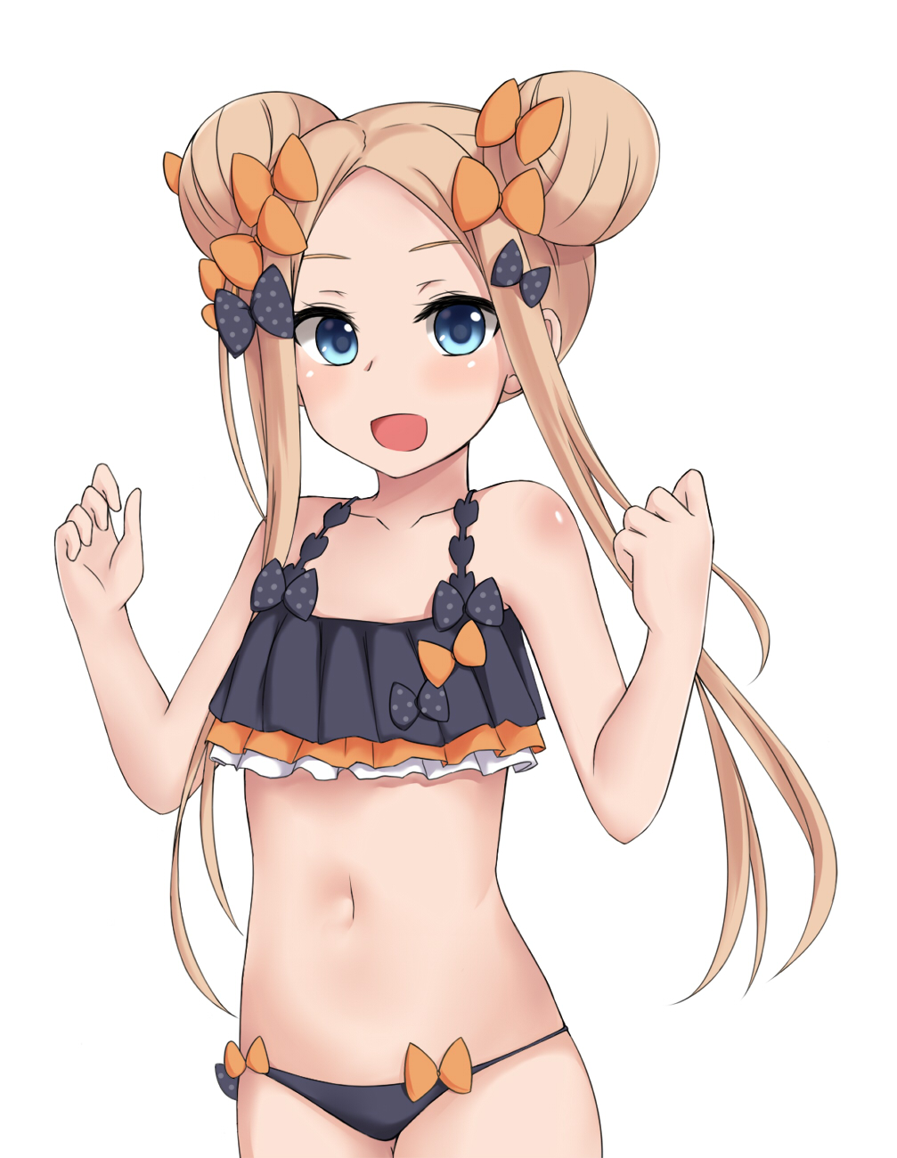 1girl, :d, abigail_williams_(fate), alternate_hairstyle, bikini, black_bikini, black_bow, blonde_hair