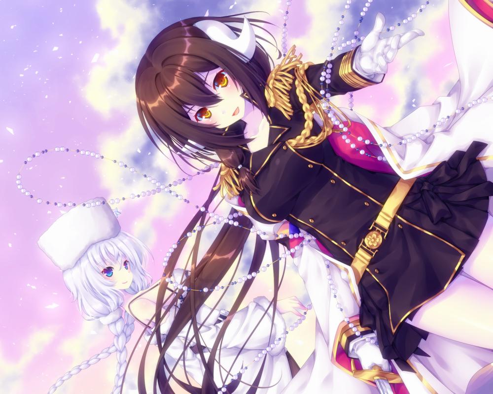 2girls, avrora_(azur_lane), azur_lane, belt, black_hair, blue_eyes, braid, breasts