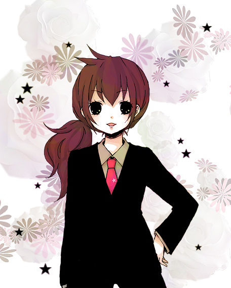 1girl, 1st-mn, brown_hair, female_focus, flower, formal_clothes, hand_on_own_hip, hip_focus