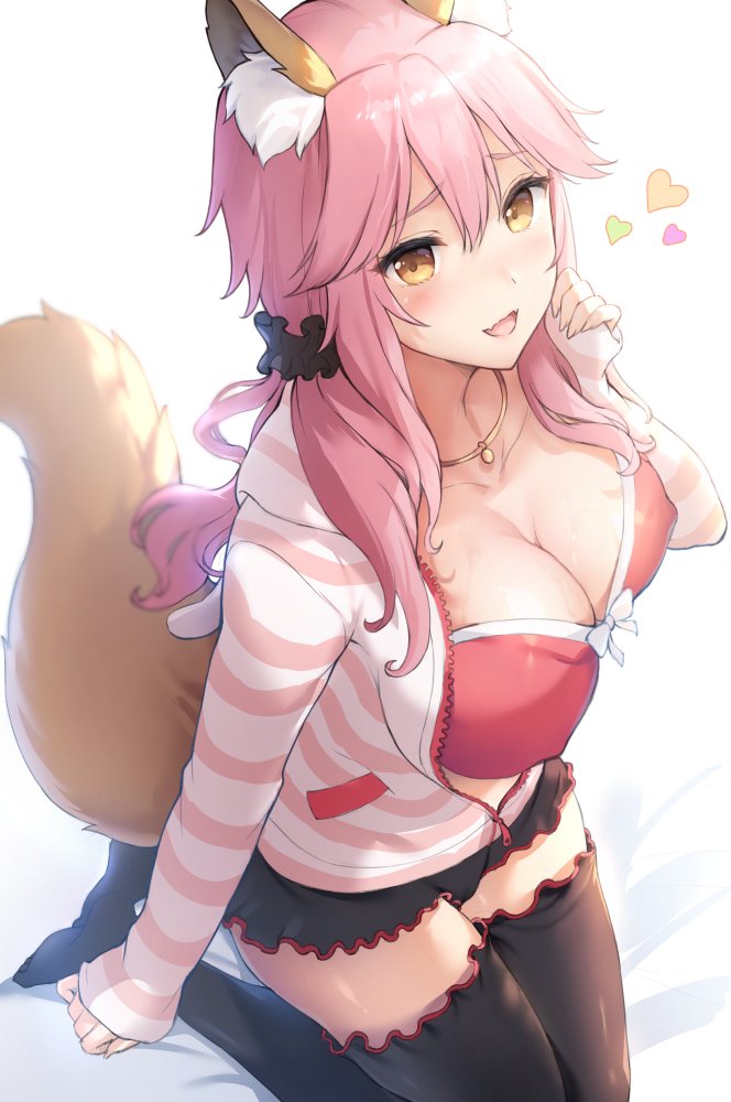1girl, :d, animal_ear_fluff, animal_ears, black_skirt, black_thighhighs, blush, breasts, cleavage, collarbone, fangs, fate/grand_order, fate_(series), female_focus, fox_ears, fox_girl, fox_tail, from_above, hair_between_eyes, hair_ribbon, heart, hood, hoodie, large_breasts, long_hair, long_sleeves, looking_at_viewer, looking_up, miniskirt, official_alternate_costume, open_mouth, orange_eyes, partially_unzipped, pink_hair, ribbon, sayika, skirt, smile, solo, striped_clothes, striped_hoodie, tail, tamamo_no_mae_(fate), tamamo_no_mae_(spring_casual)_(fate), thighhighs