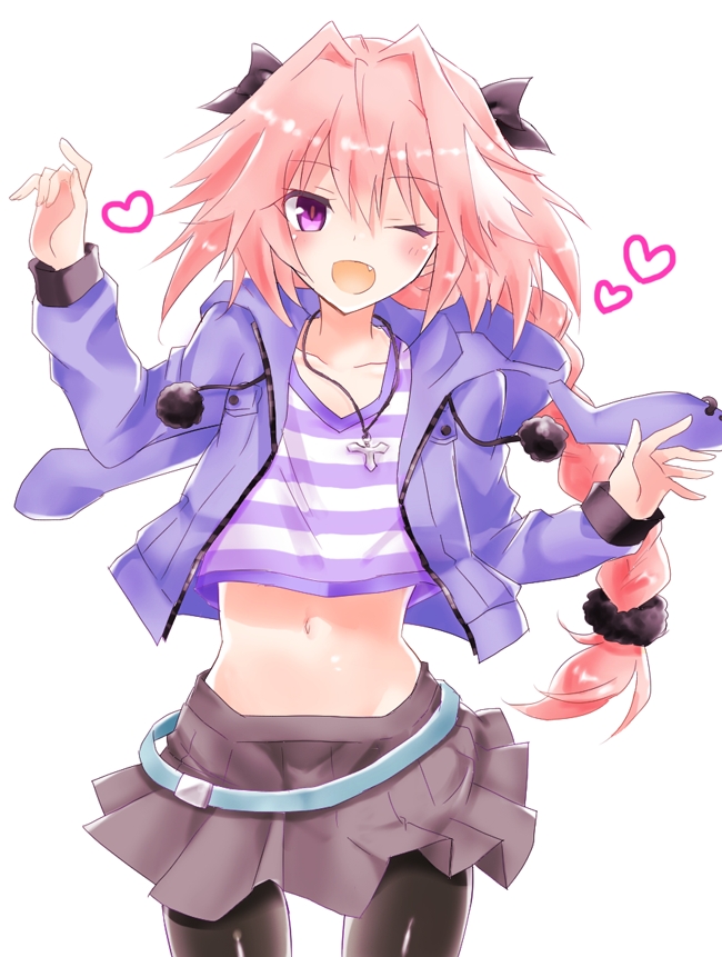 1boy, :d, astolfo_(fate), astolfo_(memories_at_trifas)_(fate), black_bow, black_pantyhose, black_scrunchie, black_skirt, blush, bow, braid, casual, commentary_request, fang, fate/apocrypha, fate/grand_order, fate_(series), hair_between_eyes, hair_bow, hair_intakes, hair_ornament, hair_scrunchie, jacket, lieco, long_hair, long_sleeves, looking_at_viewer, male_focus, multicolored_hair, navel, official_alternate_costume, one_eye_closed, open_mouth, pantyhose, pink_hair, purple_eyes, purple_jacket, scrunchie, shirt, single_braid, skirt, smile, solo, streaked_hair, striped_clothes, striped_shirt, trap